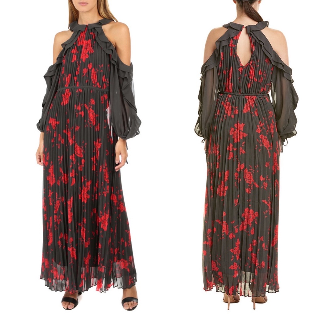 New! Self Portrait Frill Sleeve Maxi Floral Printed Cold Shoulder Dress